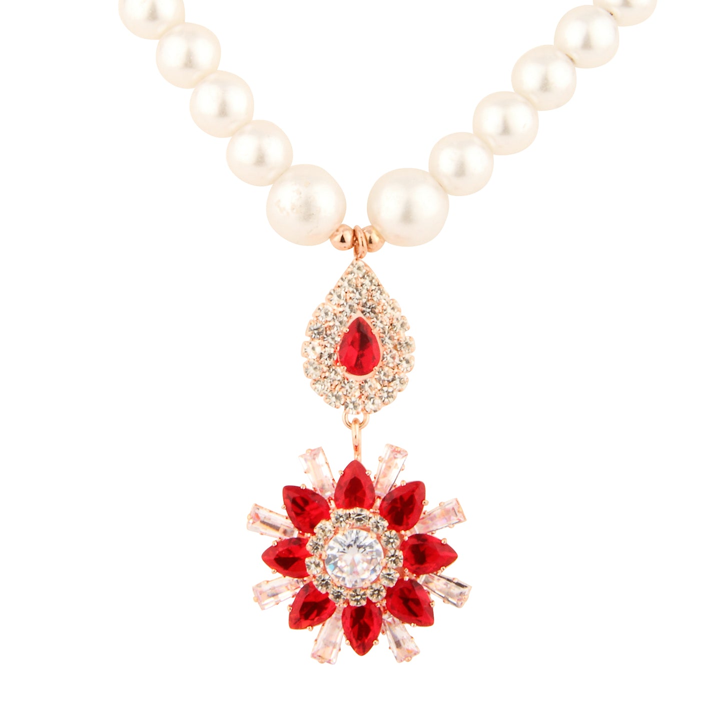 Faux Pearl Necklace Set with Red Crystal Floral Statement Pendant