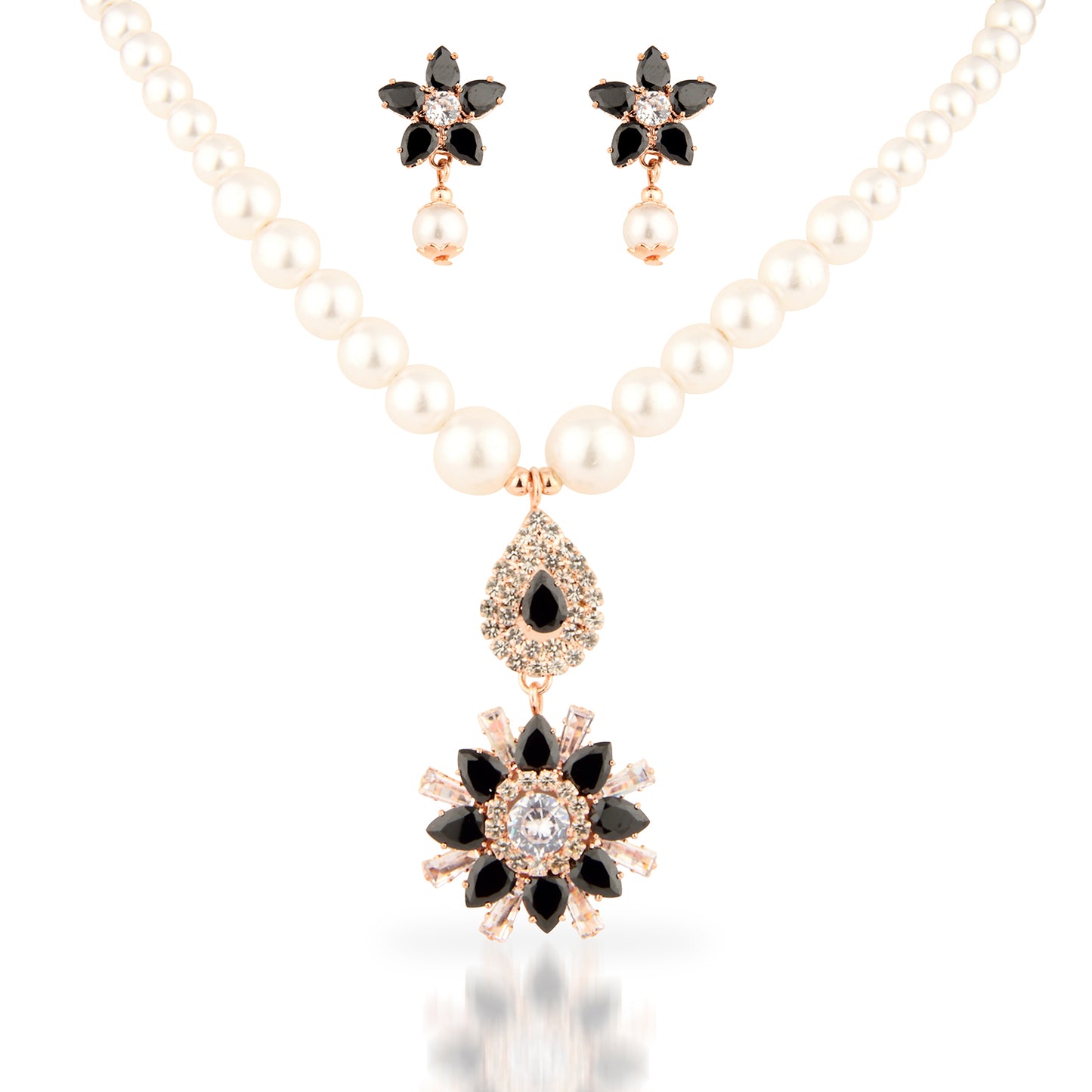 Rose Gold Faux Pearl Set with Black Crystal Floral Pendant