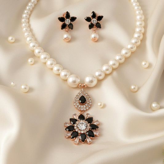 Rose Gold Faux Pearl Set with Black Crystal Floral Pendant