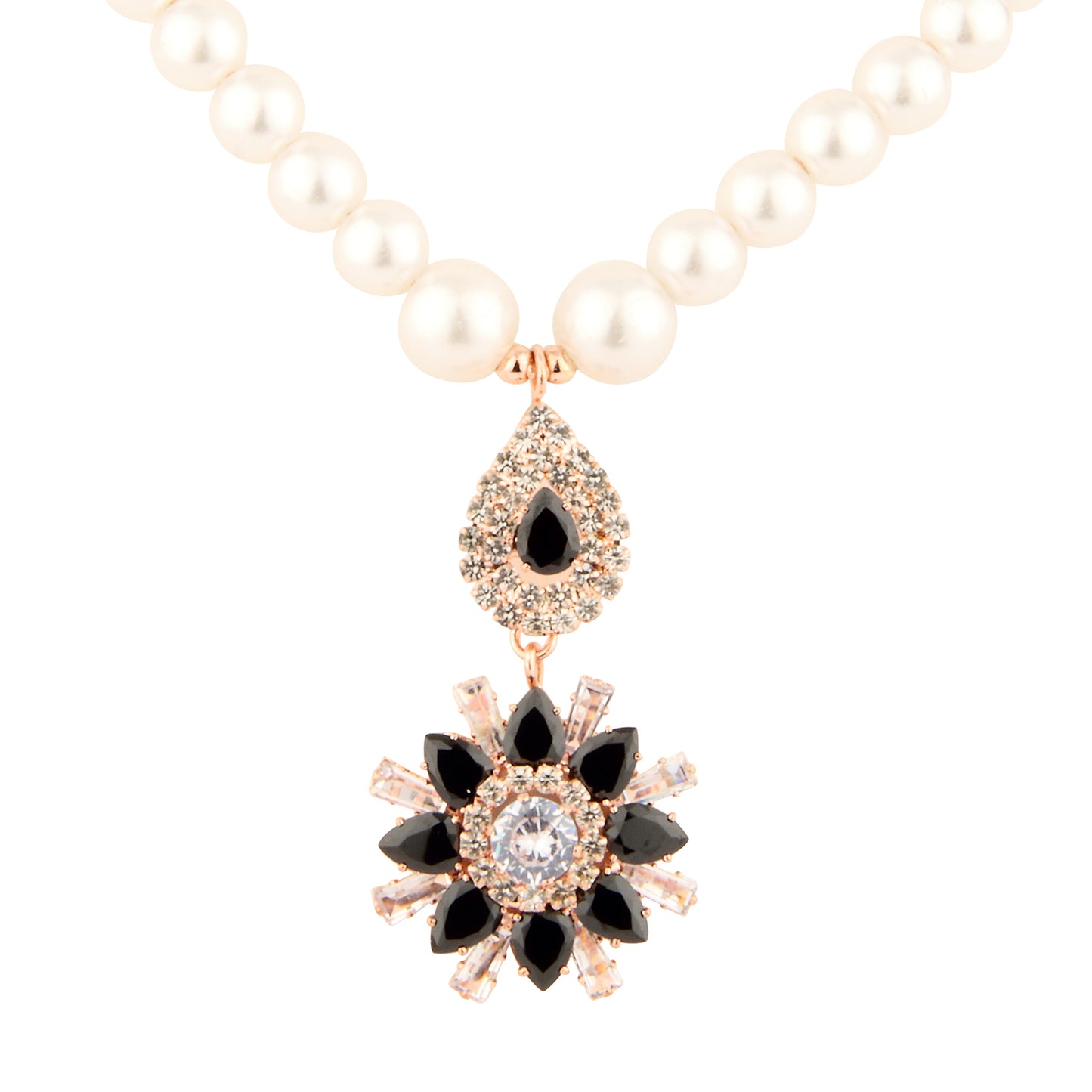 Rose Gold Faux Pearl Set with Black Crystal Floral Pendant