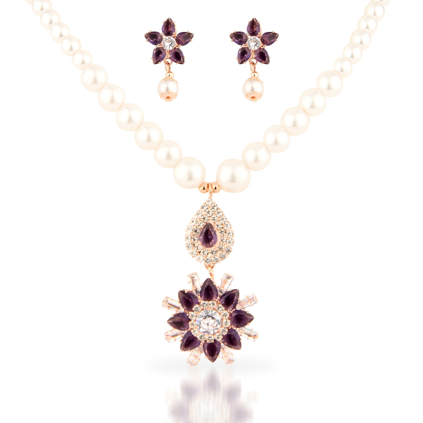 Rose Gold Faux Pearl Set with Purple Crystal Floral Pendant