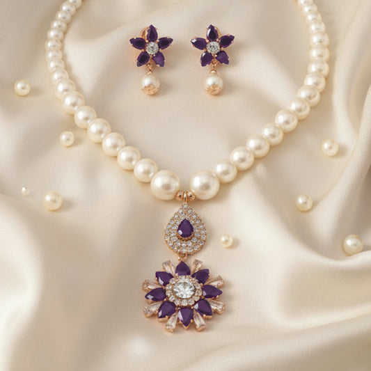 Rose Gold Faux Pearl Set with Purple Crystal Floral Pendant
