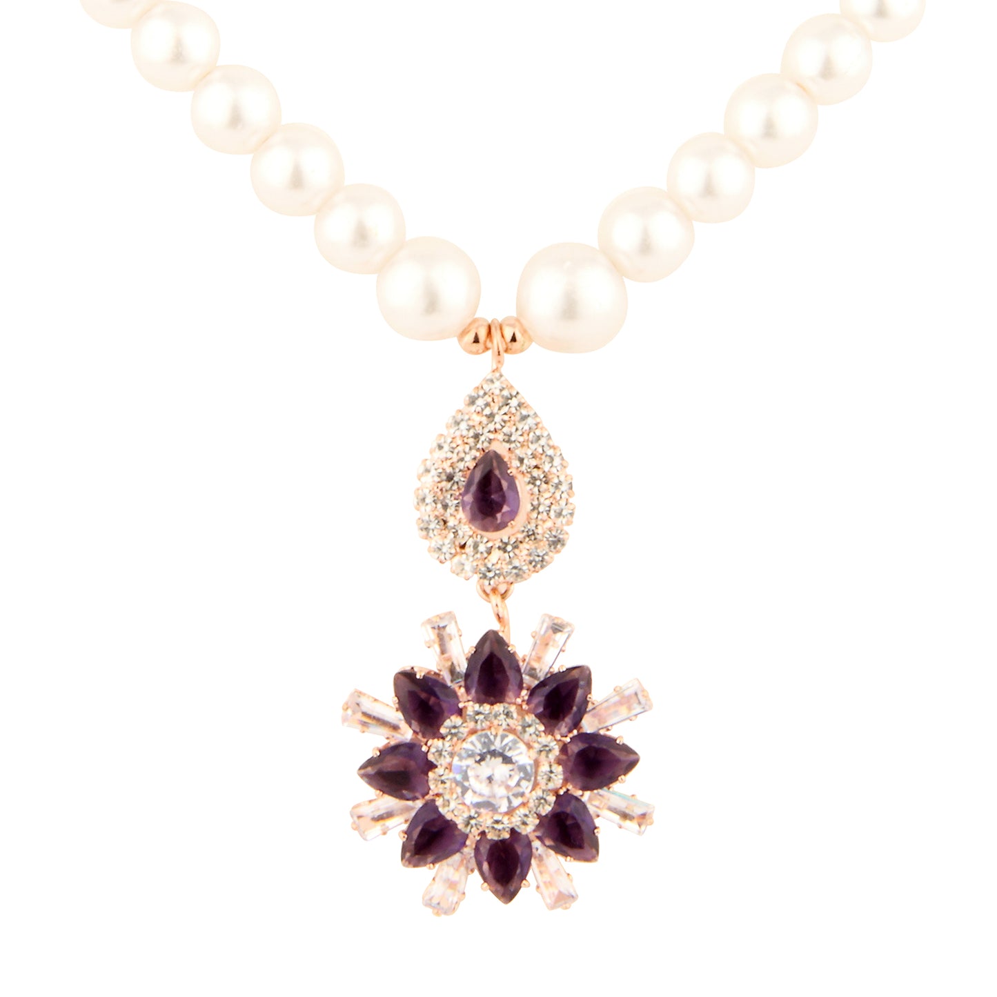 Rose Gold Faux Pearl Set with Purple Crystal Floral Pendant