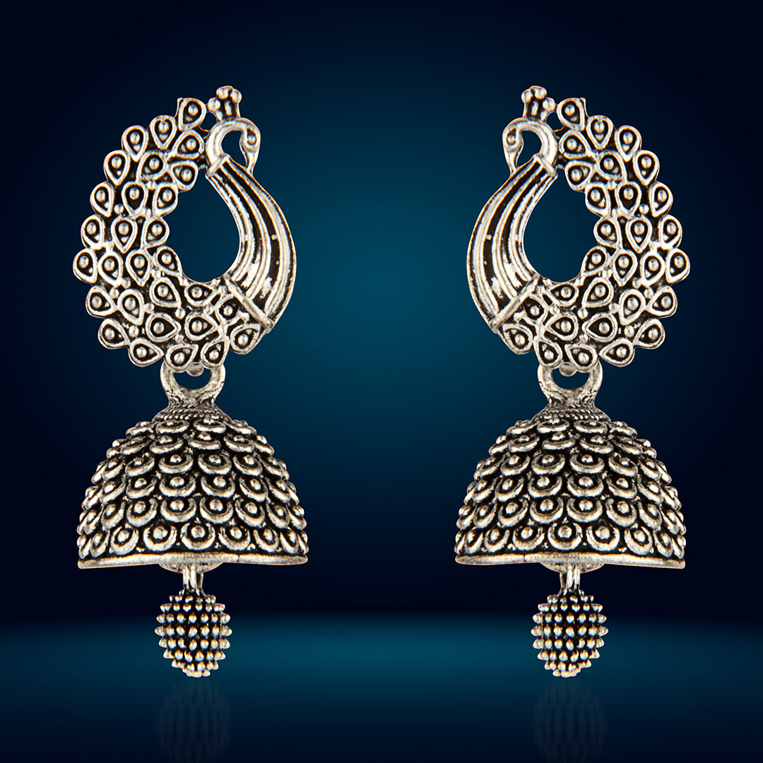 Oxidized Silver Peacock Jhumka Earrings