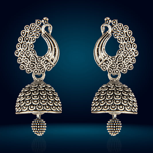 Oxidized Silver Peacock Jhumka Earrings