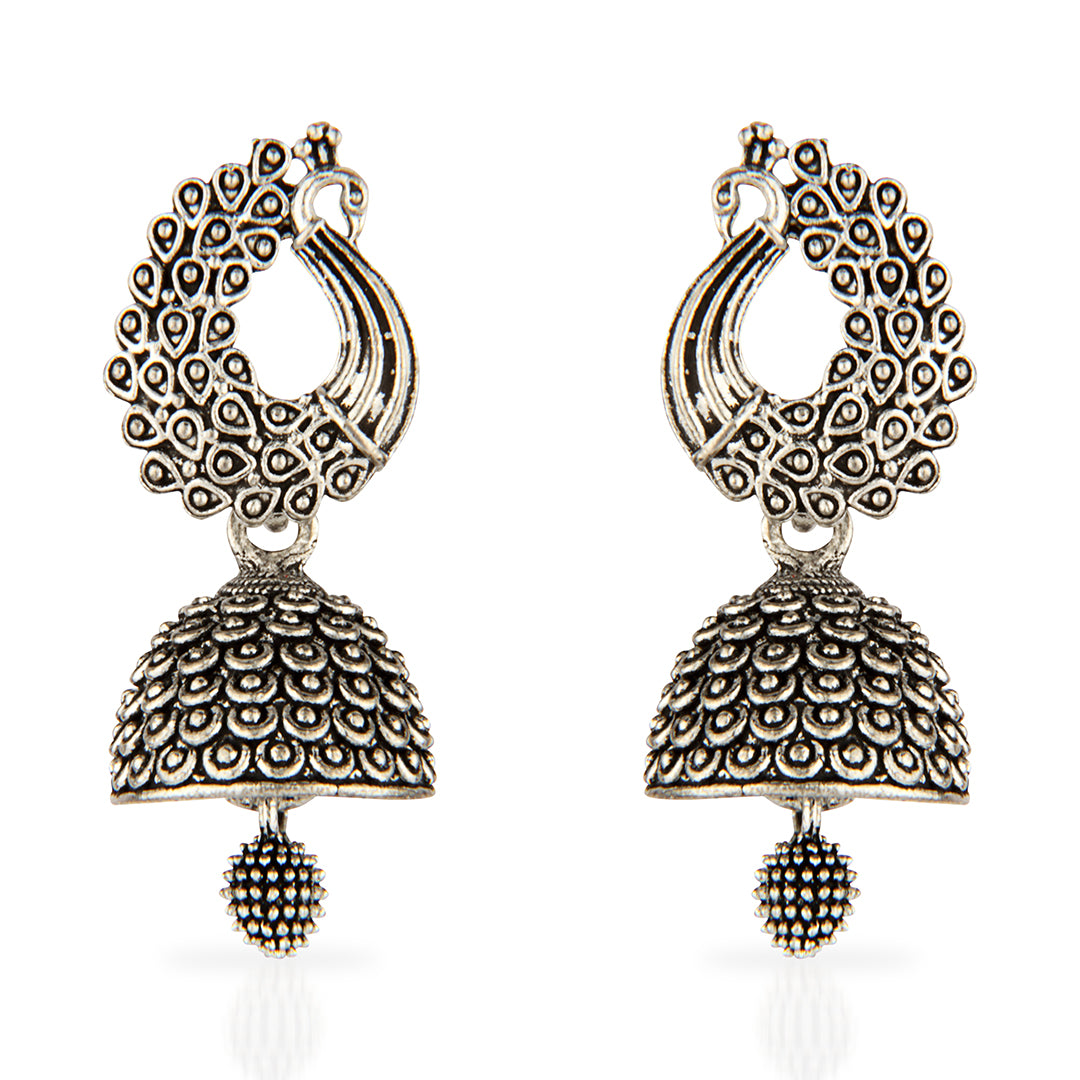 Oxidized Silver Peacock Jhumka Earrings