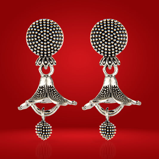 Oxidized Silver Lotus Jhumka Earrings | Traditional Ethnic Drop