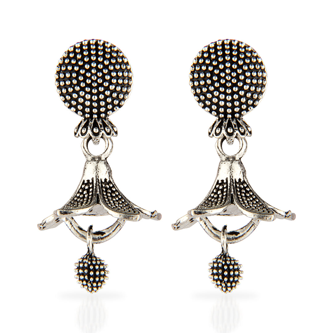 Oxidized Silver Lotus Jhumka Earrings | Traditional Ethnic Drop