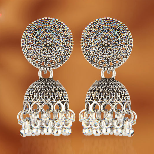 Oxidized Silver Detailed Jhumka Earrings | Traditional Boho Style