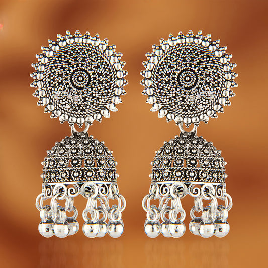 Oxidized Silver Intricate Mandala Jhumka Earrings