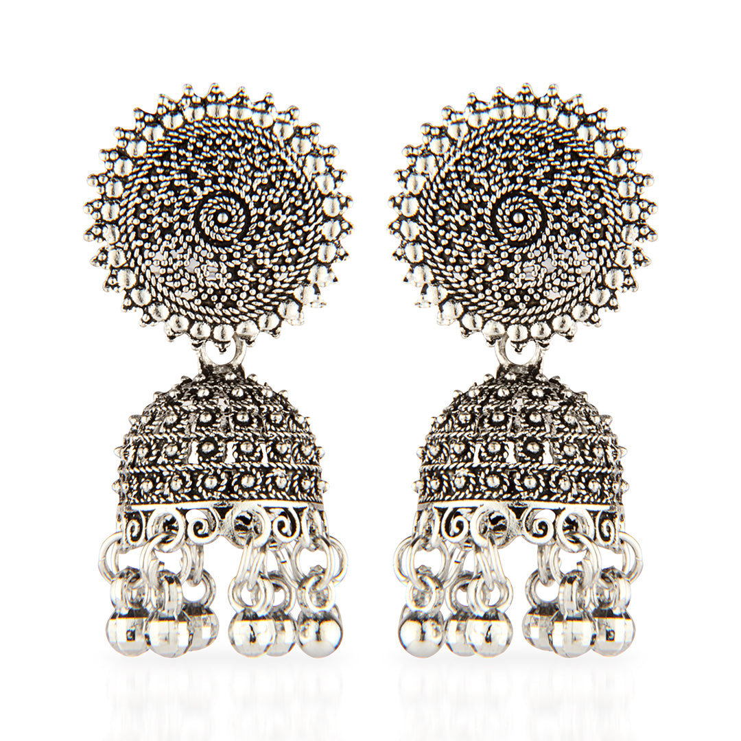 Oxidized Silver Intricate Mandala Jhumka Earrings