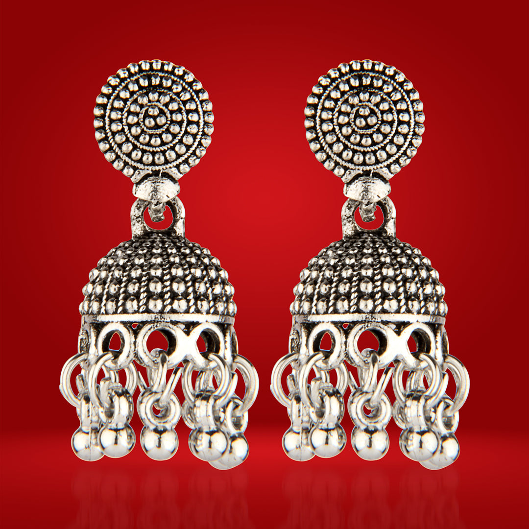 Oxidized Silver Intricate Domed Jhumka Earrings