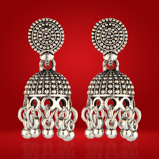 Oxidized Silver Intricate Domed Jhumka Earrings
