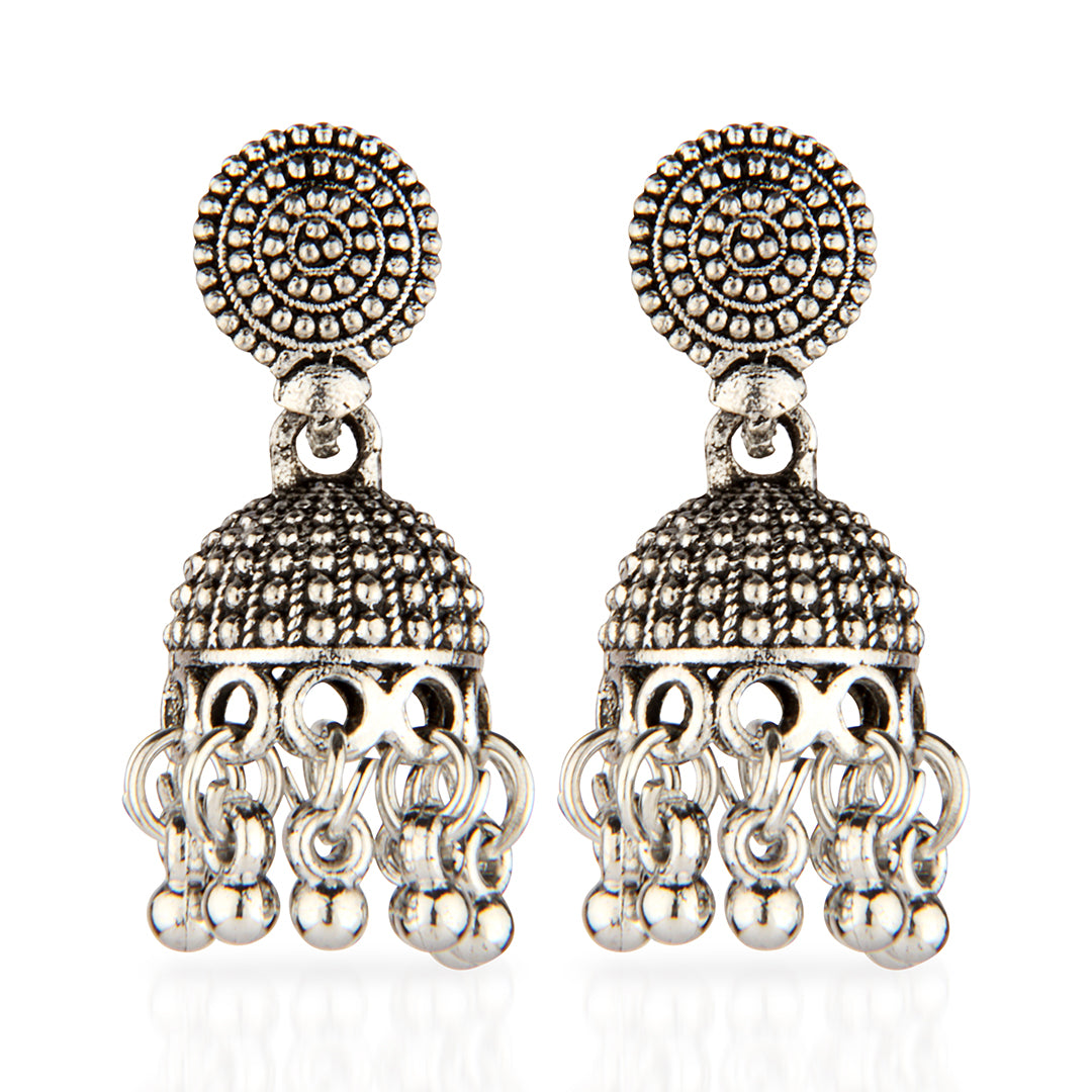 Oxidized Silver Intricate Domed Jhumka Earrings