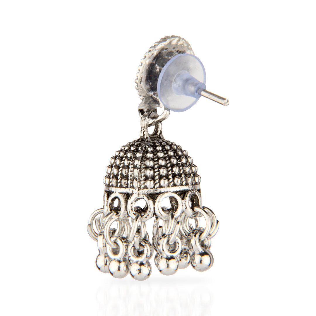 Oxidized Silver Intricate Domed Jhumka Earrings
