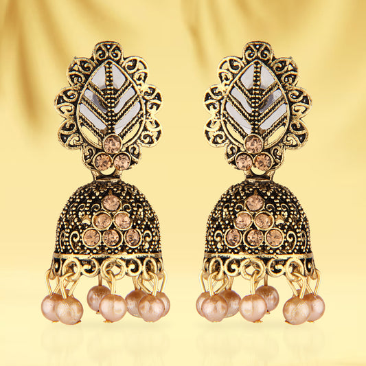 Antique Gold Oxidized Jhumka Earrings with Peach Pearls & Stones