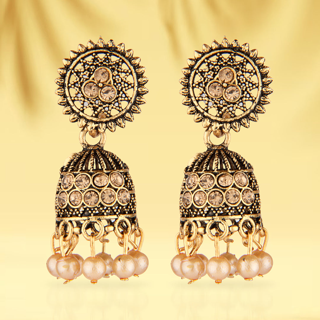Antique Gold Oxidized Stone Studded Jhumka Earrings with Pearls