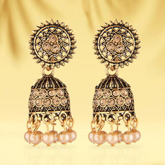 Antique Gold Oxidized Stone Studded Jhumka Earrings with Pearls