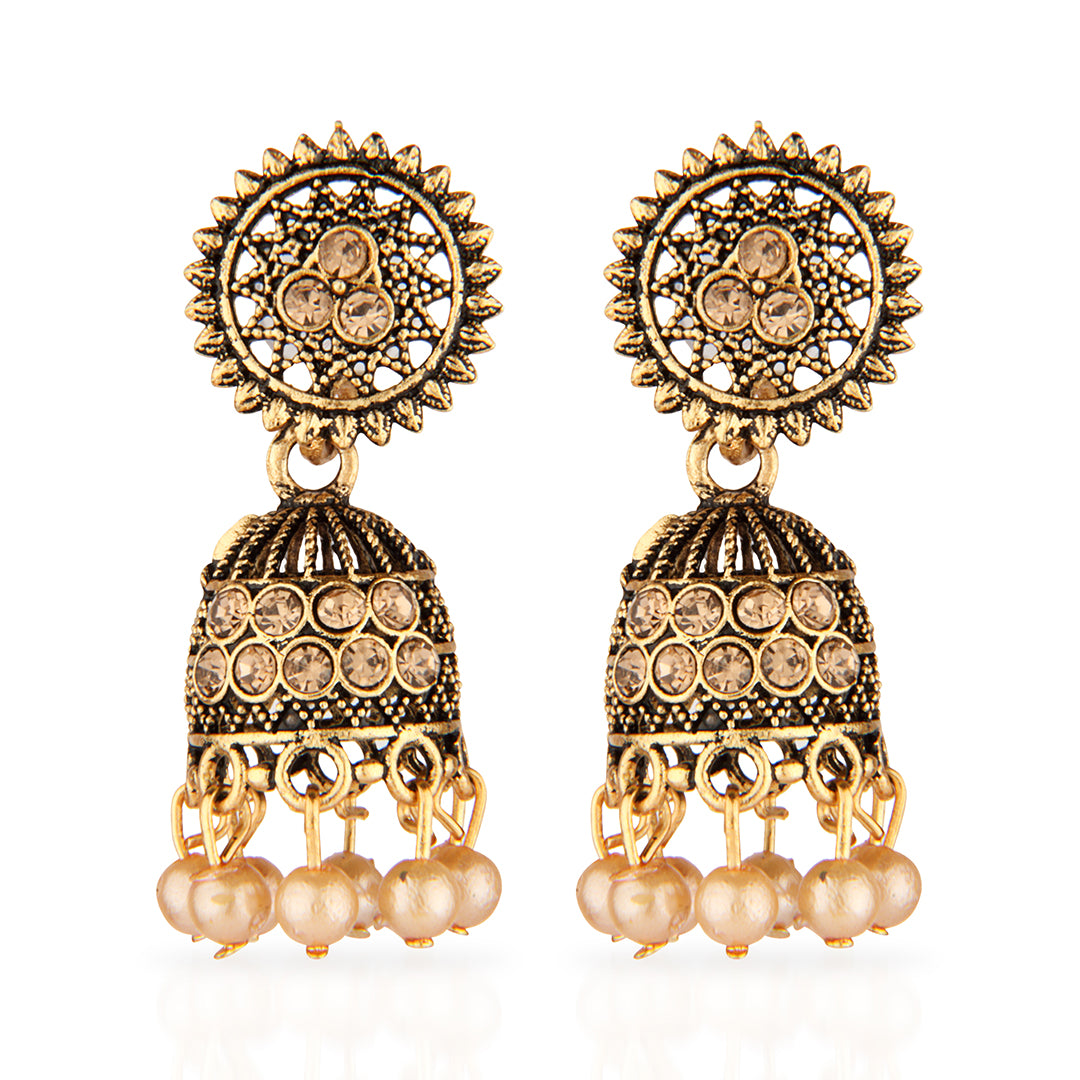 Antique Gold Oxidized Stone Studded Jhumka Earrings with Pearls
