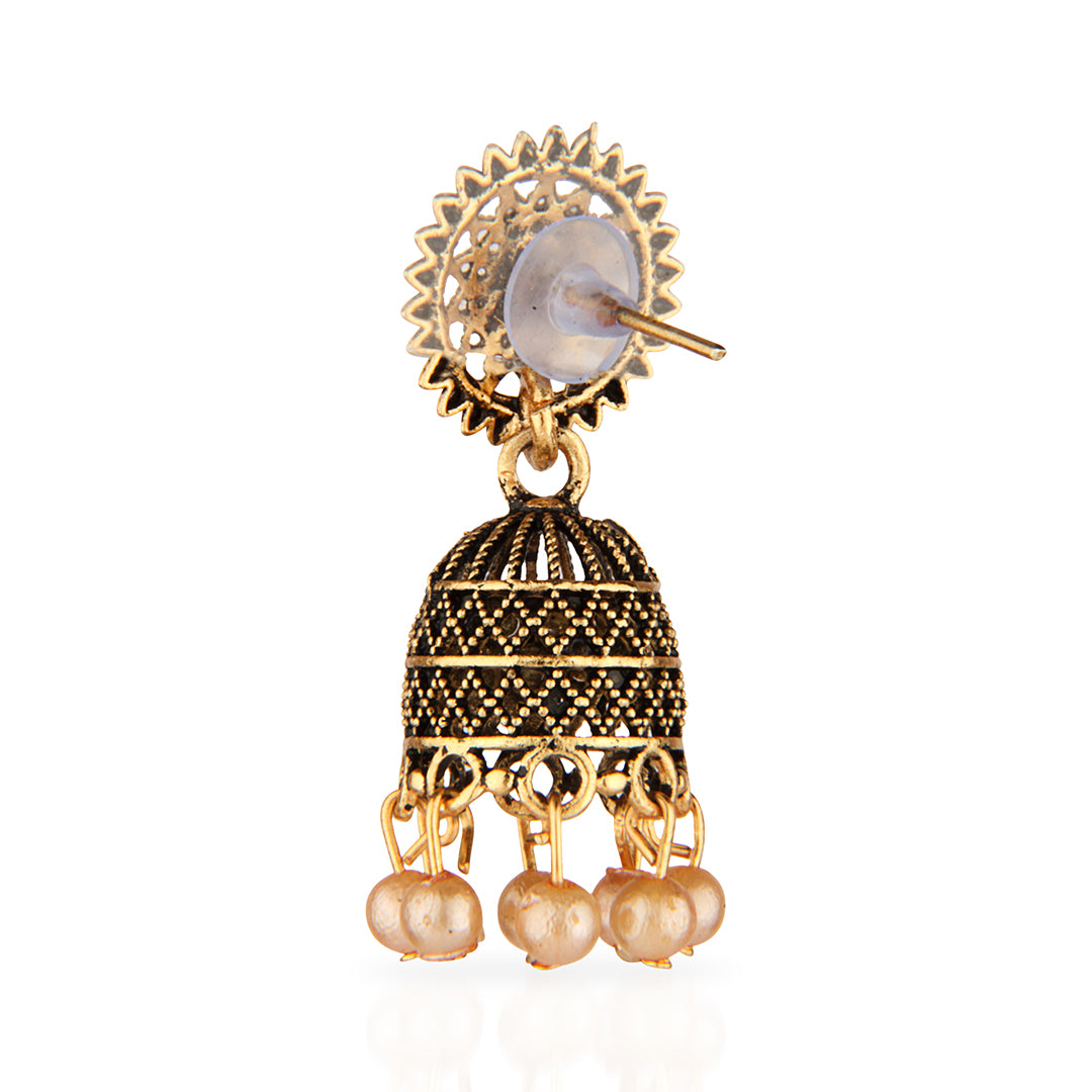 Antique Gold Oxidized Stone Studded Jhumka Earrings with Pearls