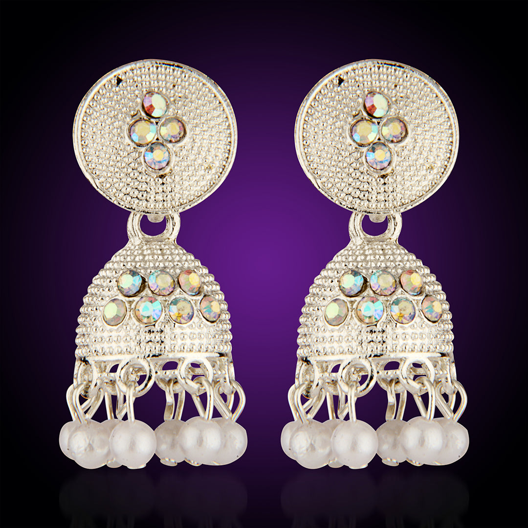 Oxidized Silver Jhumka Earrings with Iridescent Stones & Pearls