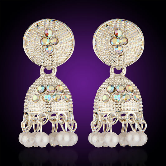 Oxidized Silver Jhumka Earrings with Iridescent Stones & Pearls