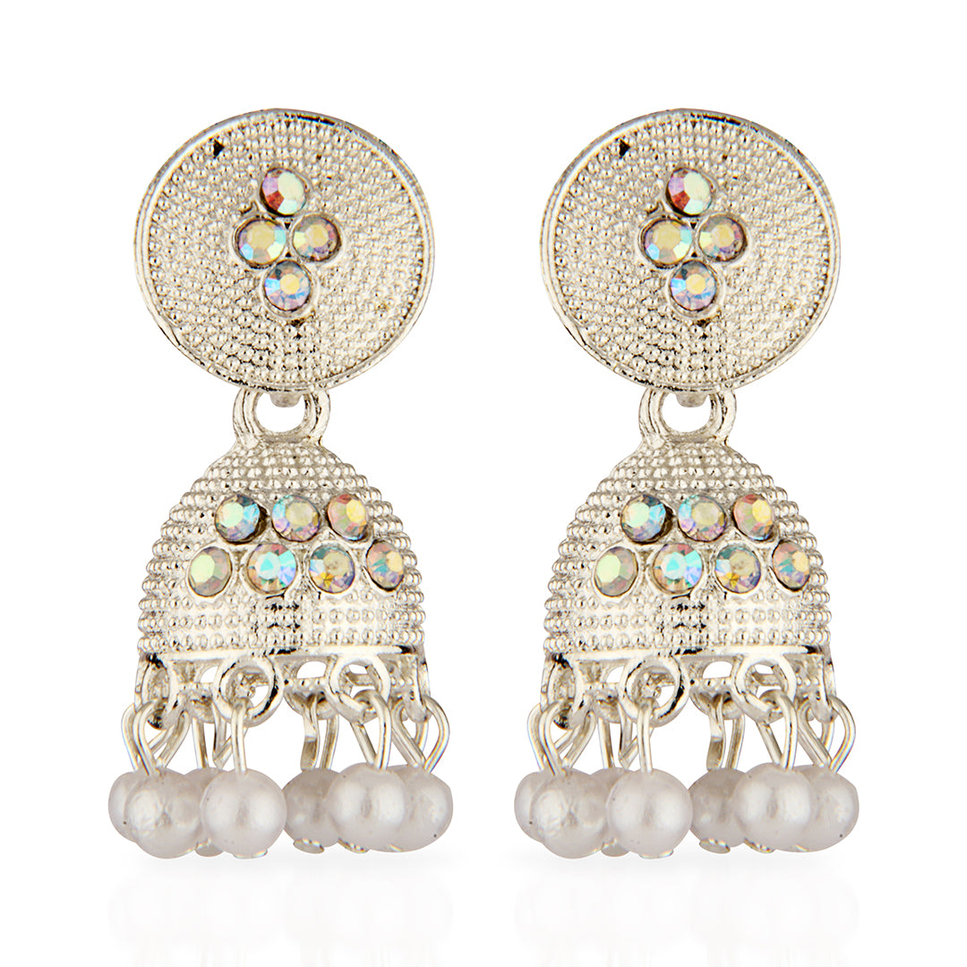Oxidized Silver Jhumka Earrings with Iridescent Stones & Pearls