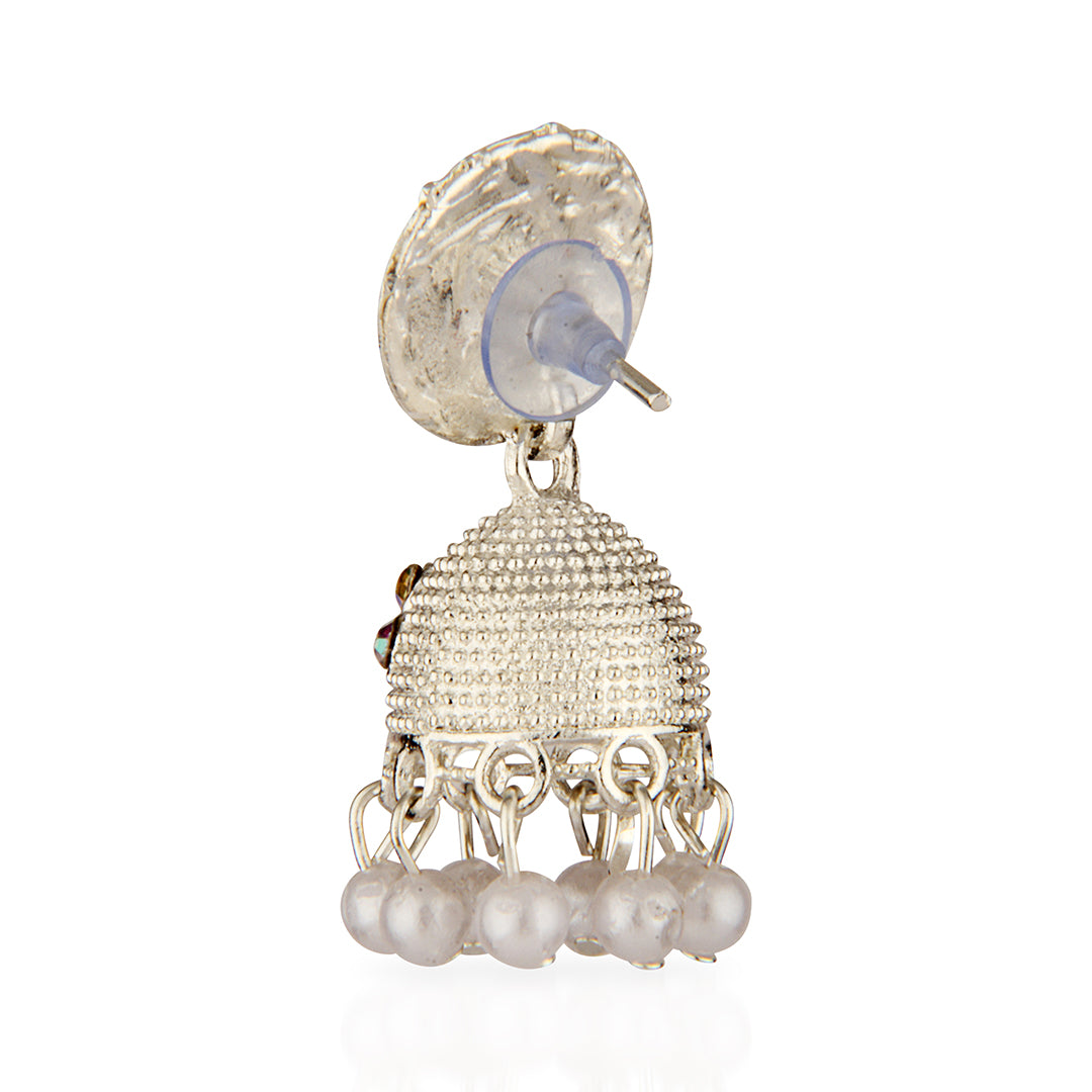 Oxidized Silver Jhumka Earrings with Iridescent Stones & Pearls