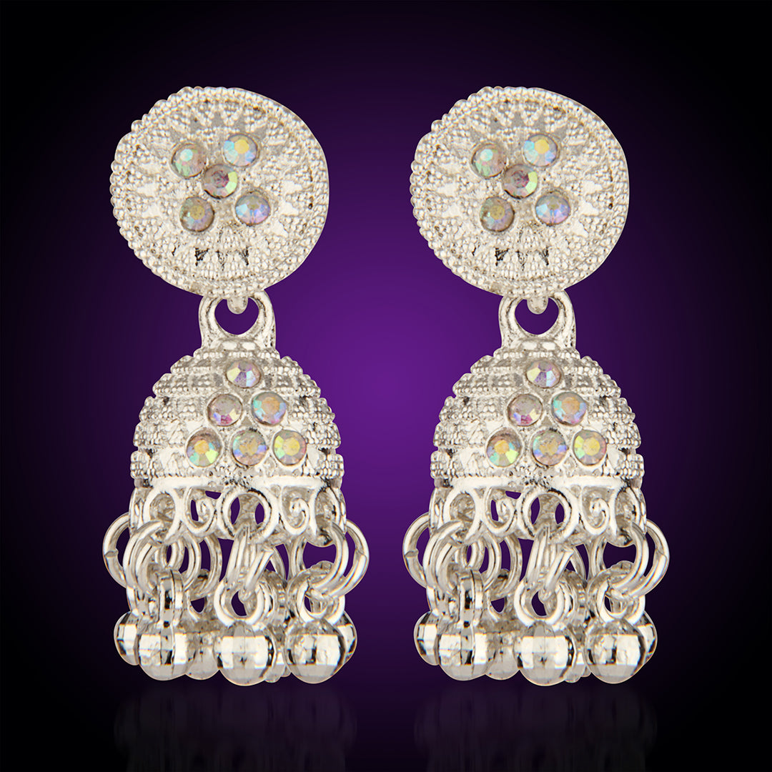 Oxidized Silver Jhumka Earrings with Iridescent Crystals