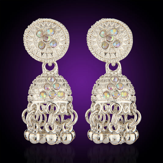 Oxidized Silver Jhumka Earrings with Iridescent Crystals