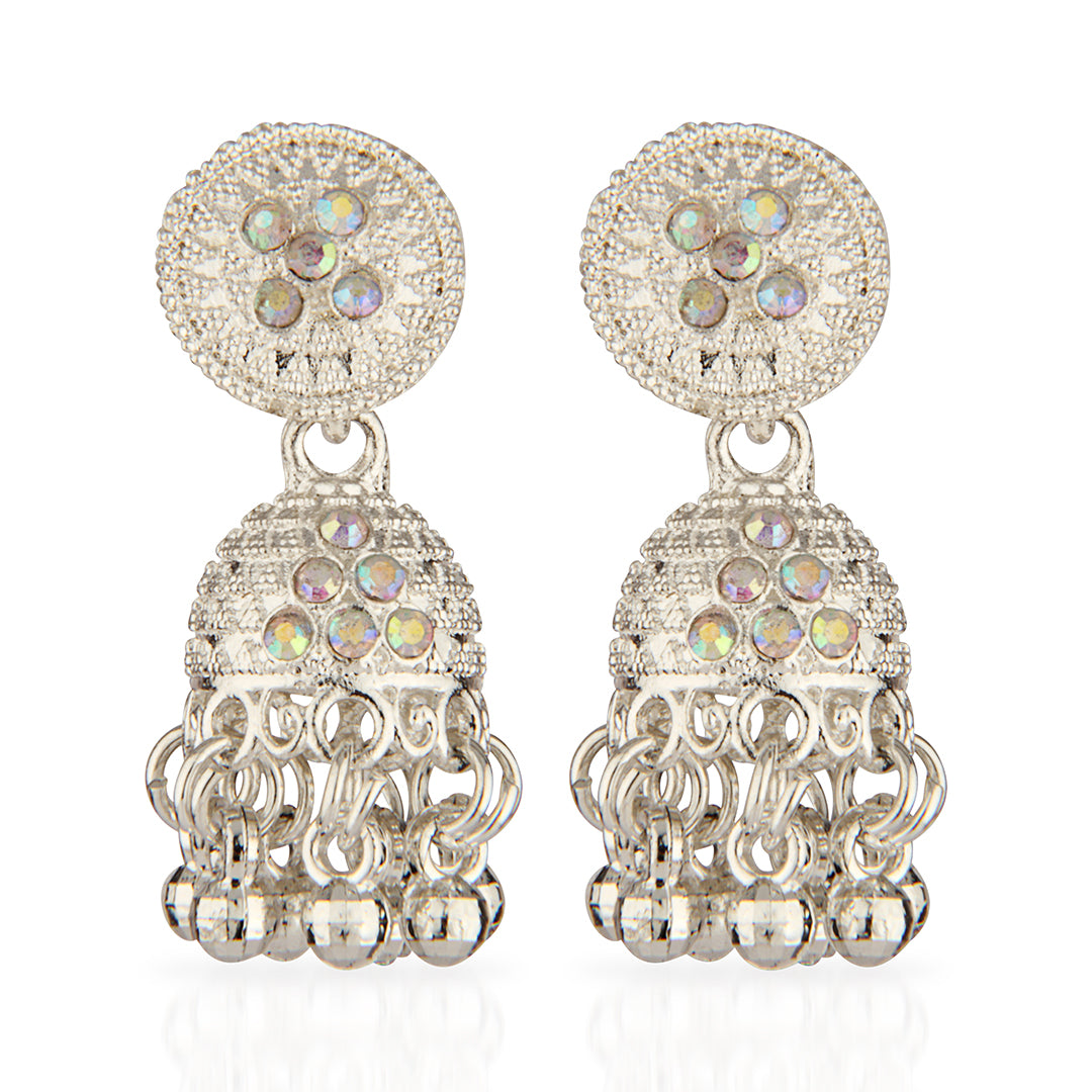 Oxidized Silver Jhumka Earrings with Iridescent Crystals