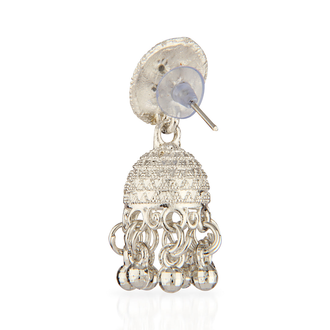 Oxidized Silver Jhumka Earrings with Iridescent Crystals