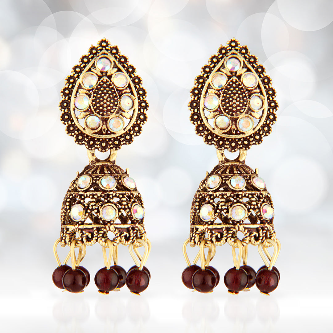 Antique Gold Oxidized Jhumka Earrings with Iridescent Crystals & Red Beads