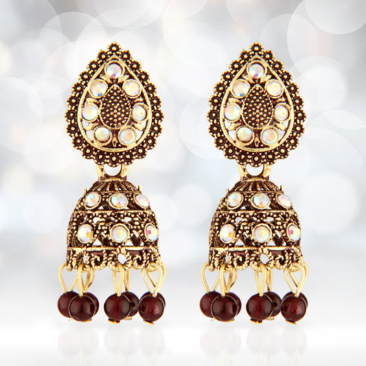 Antique Gold Oxidized Jhumka Earrings with Iridescent Crystals & Red Beads