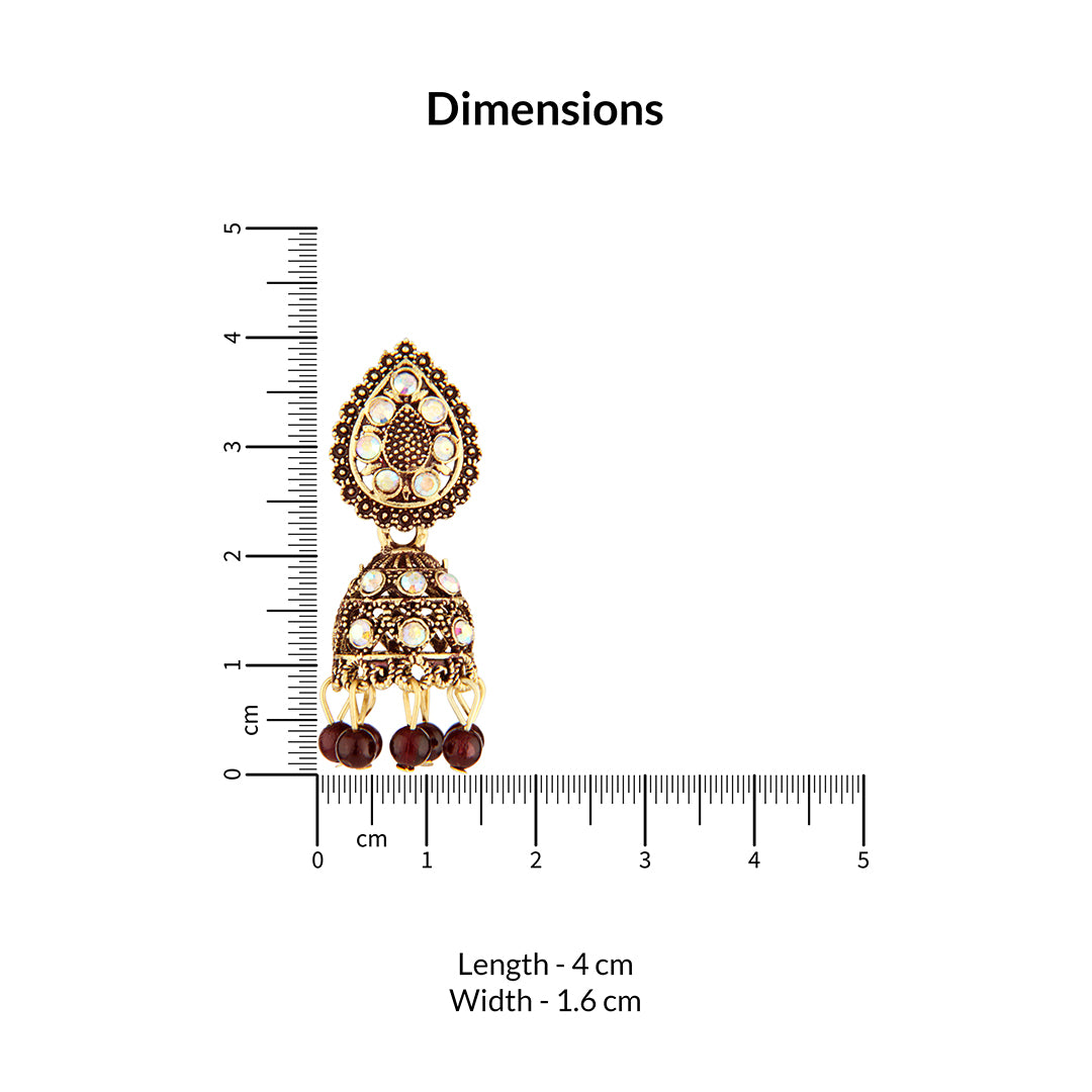 Antique Gold Oxidized Jhumka Earrings with Iridescent Crystals & Red Beads