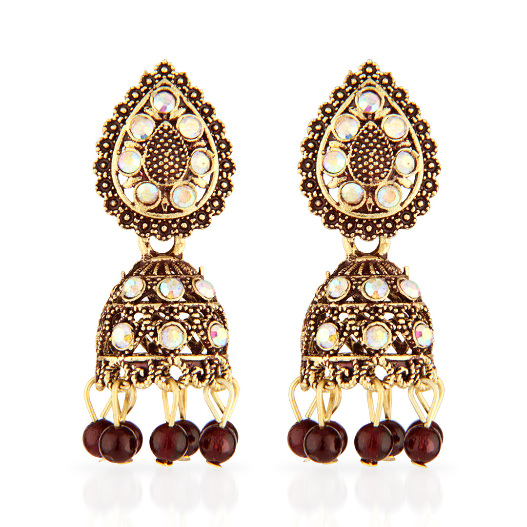 Antique Gold Oxidized Jhumka Earrings with Iridescent Crystals & Red Beads
