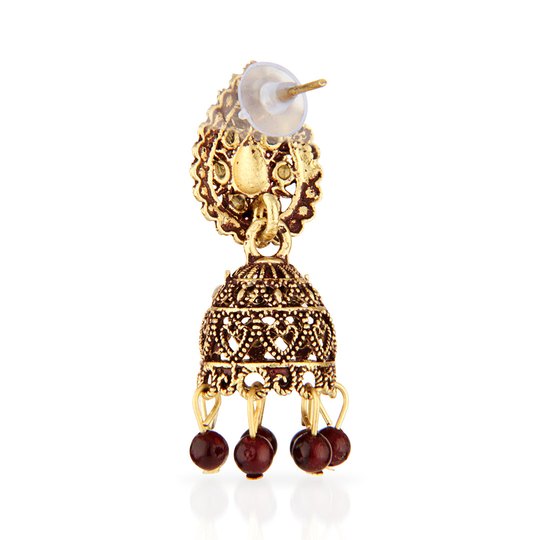 Antique Gold Oxidized Jhumka Earrings with Iridescent Crystals & Red Beads