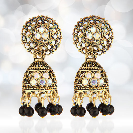 Antique Gold Oxidized Jhumka Earrings with Iridescent Crystals & Black Beads