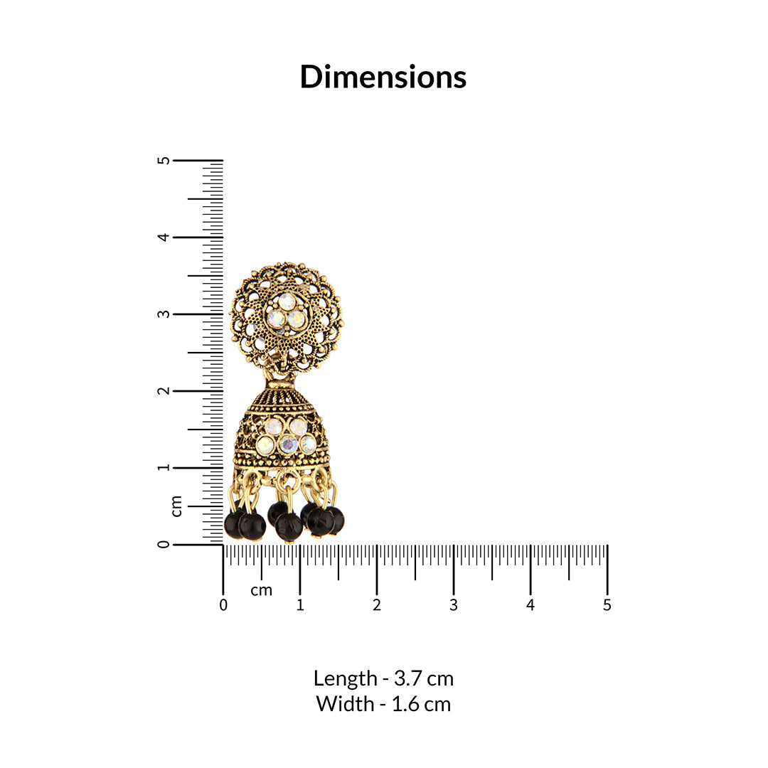 Antique Gold Oxidized Jhumka Earrings with Iridescent Crystals & Black Beads