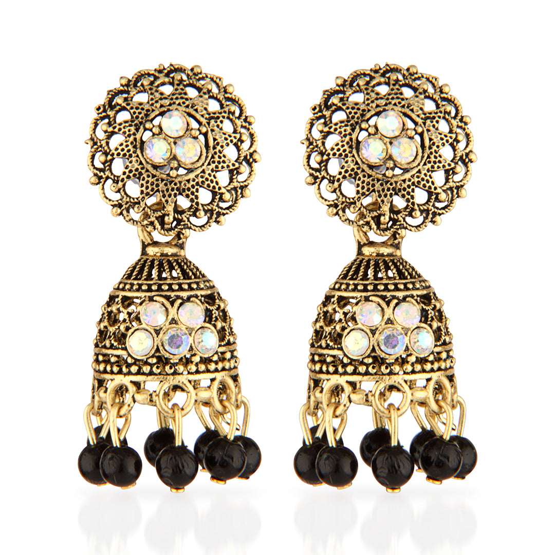 Antique Gold Oxidized Jhumka Earrings with Iridescent Crystals & Black Beads