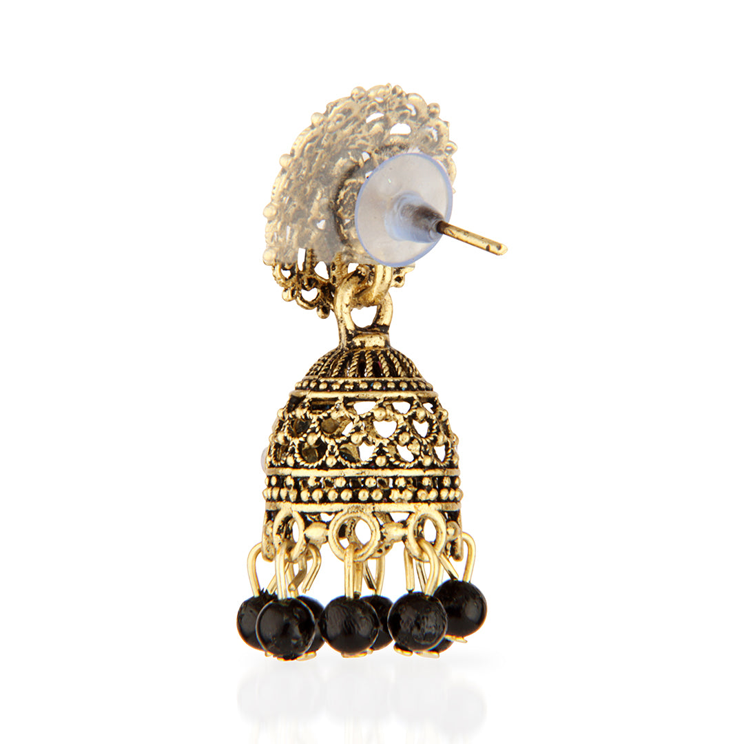 Antique Gold Oxidized Jhumka Earrings with Iridescent Crystals & Black Beads