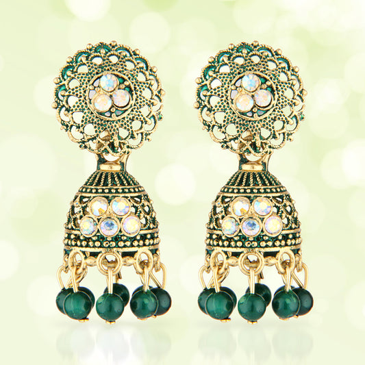 Antique Gold Oxidized Green Enamel Jhumka Earrings with Iridescent Crystals