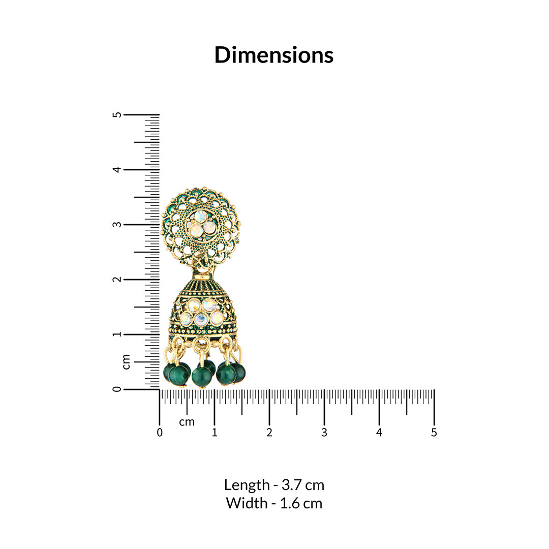 Antique Gold Oxidized Green Enamel Jhumka Earrings with Iridescent Crystals