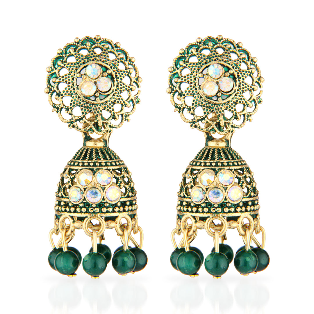 Antique Gold Oxidized Green Enamel Jhumka Earrings with Iridescent Crystals