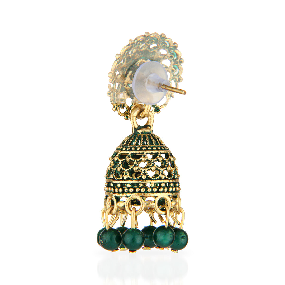 Antique Gold Oxidized Green Enamel Jhumka Earrings with Iridescent Crystals