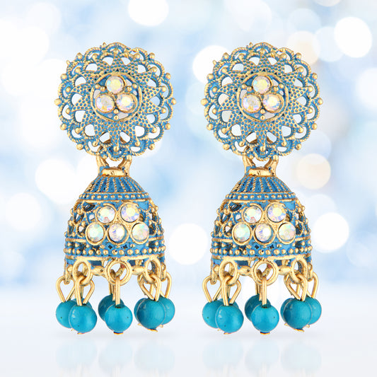 Antique Gold Oxidized Blue Enamel Jhumka Earrings with Iridescent Crystals