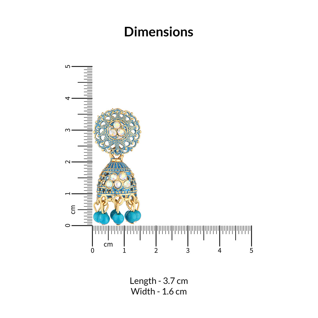 Antique Gold Oxidized Blue Enamel Jhumka Earrings with Iridescent Crystals