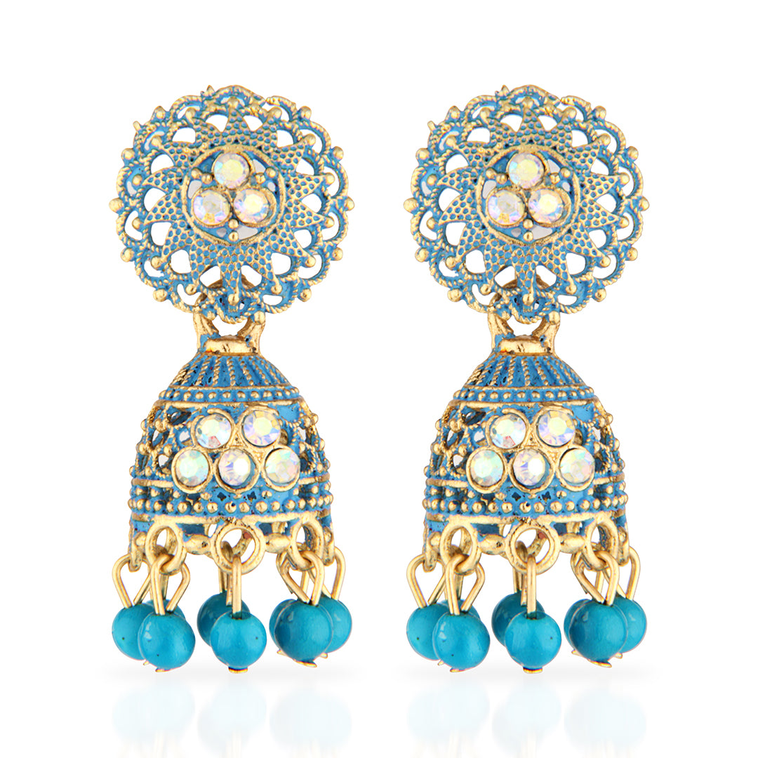 Antique Gold Oxidized Blue Enamel Jhumka Earrings with Iridescent Crystals