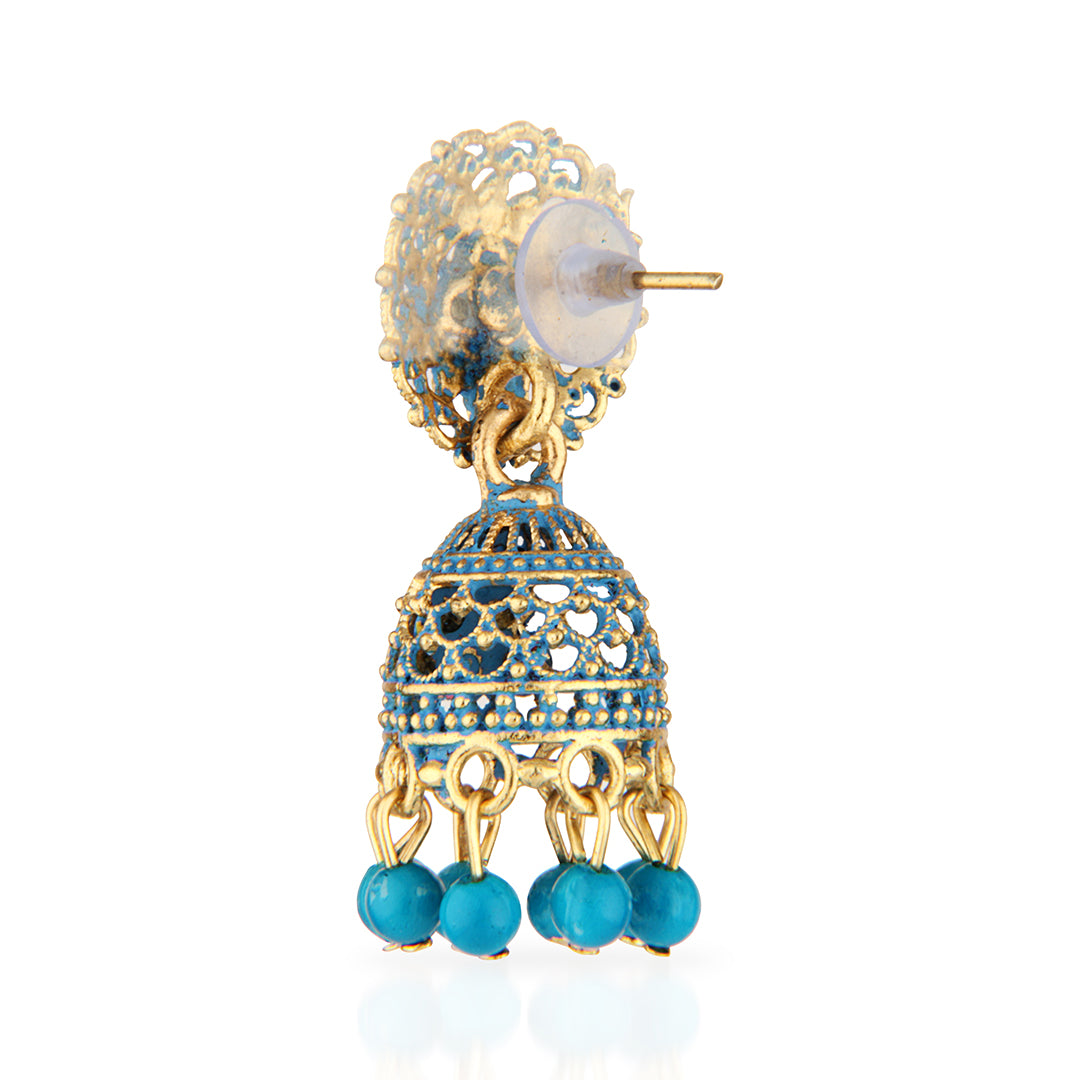 Antique Gold Oxidized Blue Enamel Jhumka Earrings with Iridescent Crystals