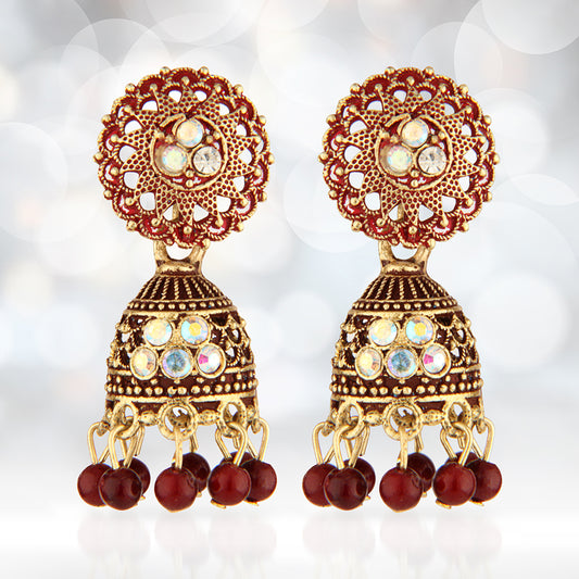 Antique Gold Oxidized Red Enamel Jhumka Earrings with Iridescent Crystals